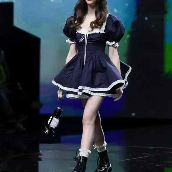 Selkie The Pinstripe Bonny Mini Dress Large Black White Lace Holiday - Picture 4 of 16